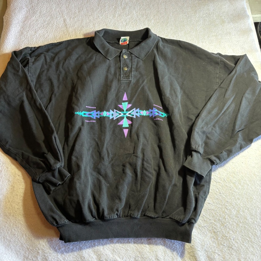 Vintage WEK Men Black Aztec Graphic Long Sleeve Polo Sweatshirt Made in USA XL